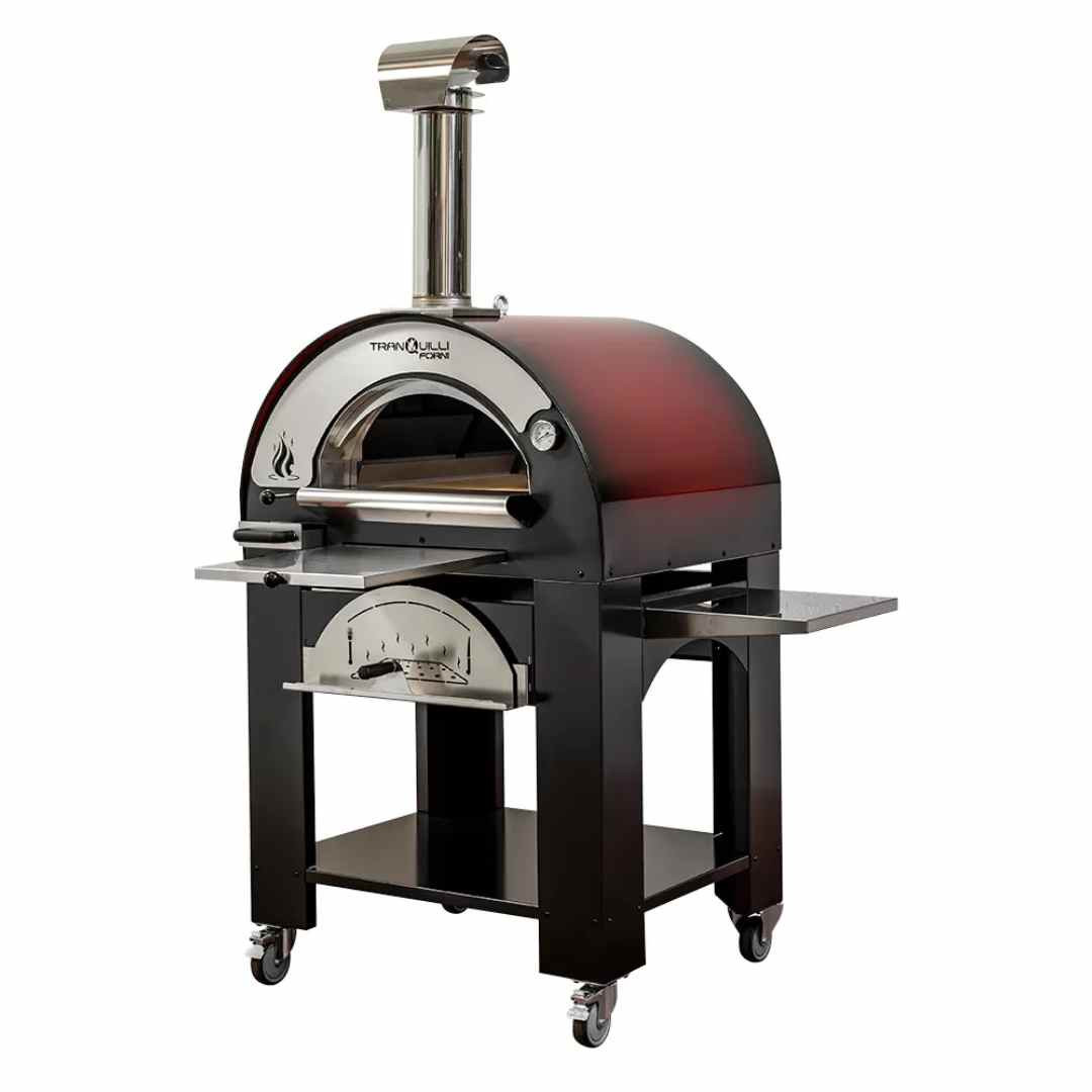 Four à bois pour pizza Arde Medium rouge avec porte ouverte et chariot sur roulettes