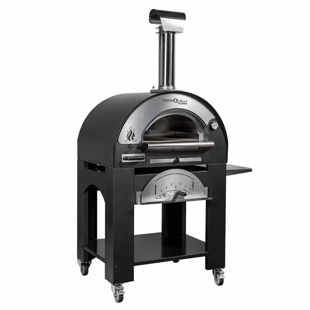 Four à bois pour pizza Arde Medium noir vu de face avec support mobile