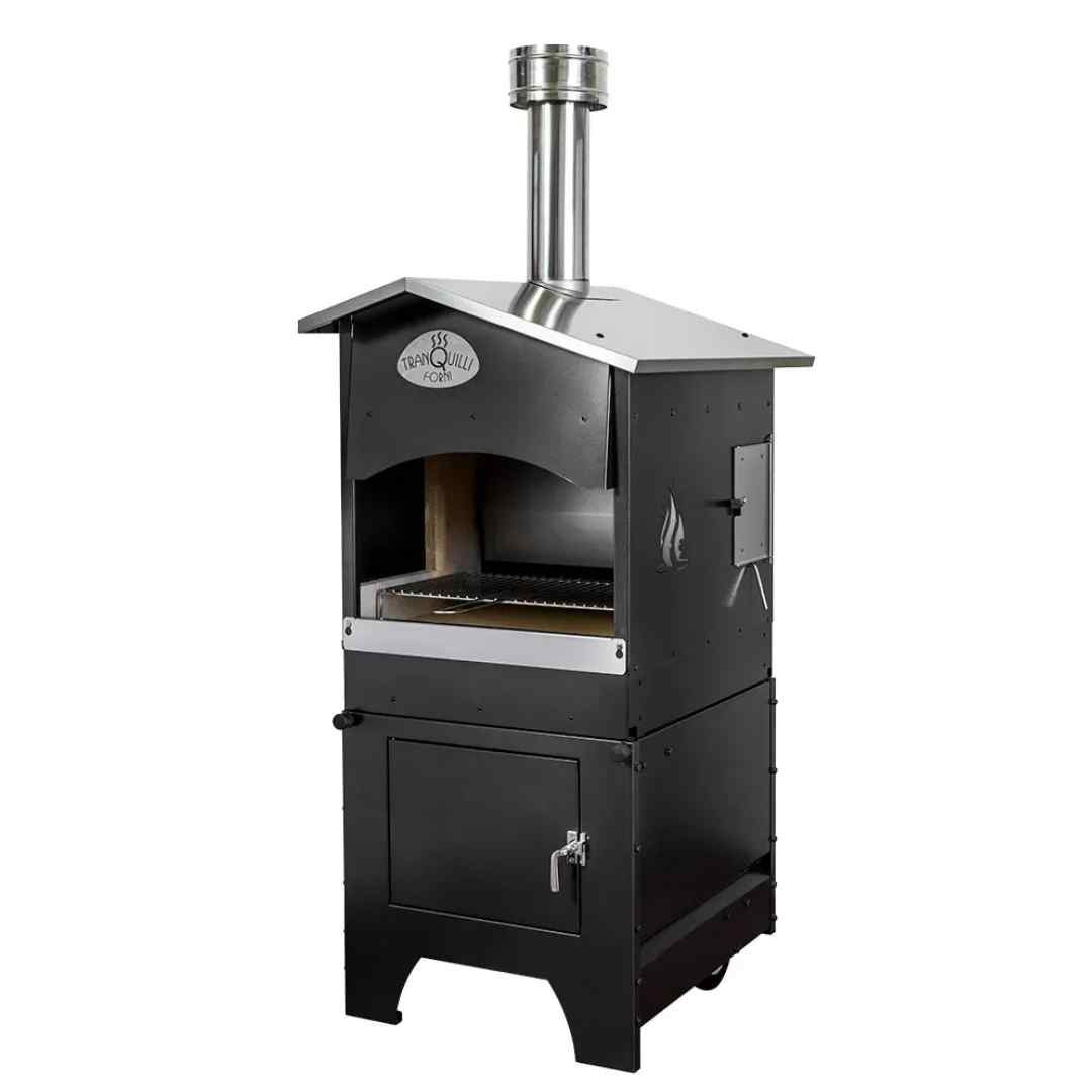 Barbecue à bois noir avec cheminée, chambre de cuisson et compartiment de rangement