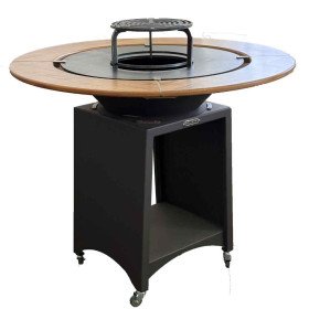 Table en bois pour brasero avec plateau circulaire vue de face