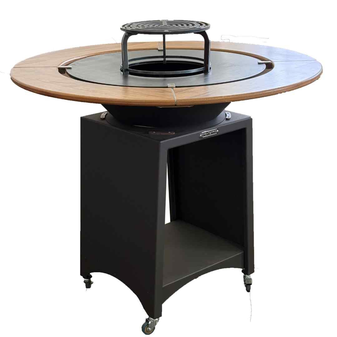 Table en bois pour brasero avec plateau circulaire vue de face
