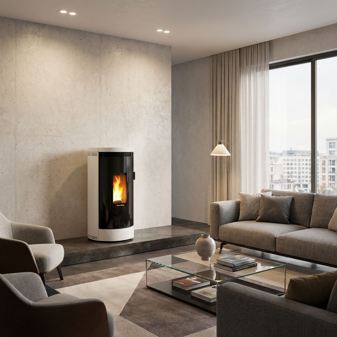 Poêle à granulés étanche Debby Evo 9 kW blanc installé dans un grand salon