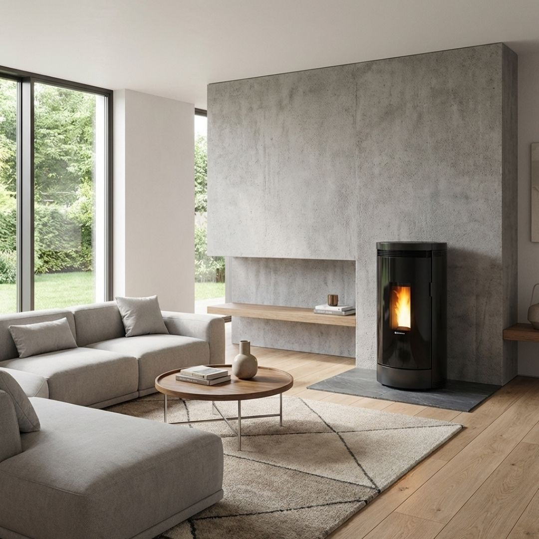 Poêle à pellets Debby Evo 9 kW noir installé dans une pièce de vie moderne