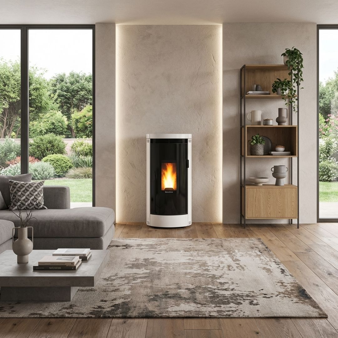 Poêle à granulés Debby Evo 9 kW blanc installé dans un intérieur lumineux