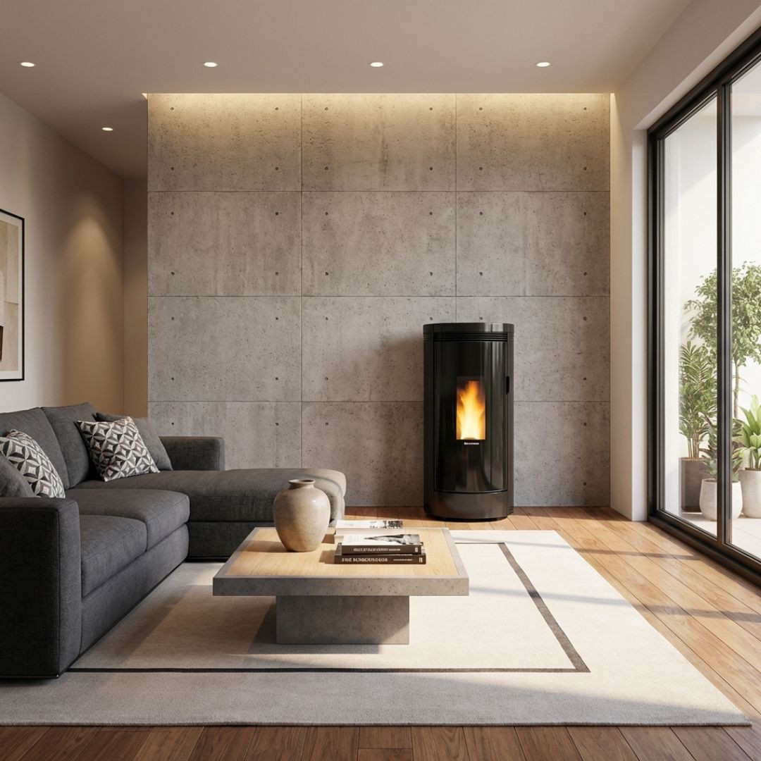 Poêle à pellets étanche Debby Evo 9 kW noir installé dans un salon chaleureux