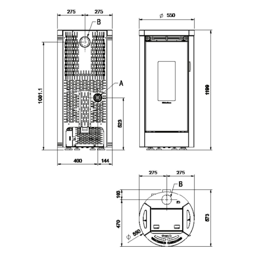 Schéma technique avec dimensions du poêle à granulés étanche Debby Evo 9 kW