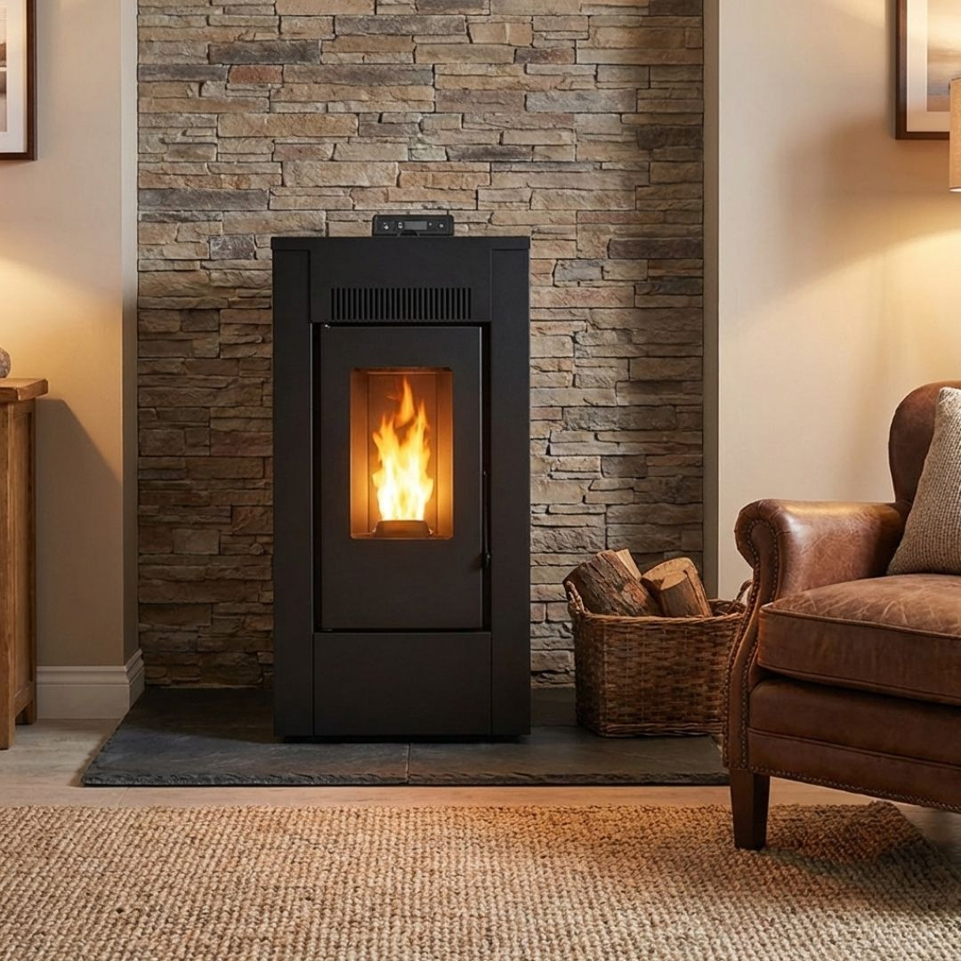 Poêle à pellets étanche Maxifree Linea VZ noir installé devant un mur en pierre