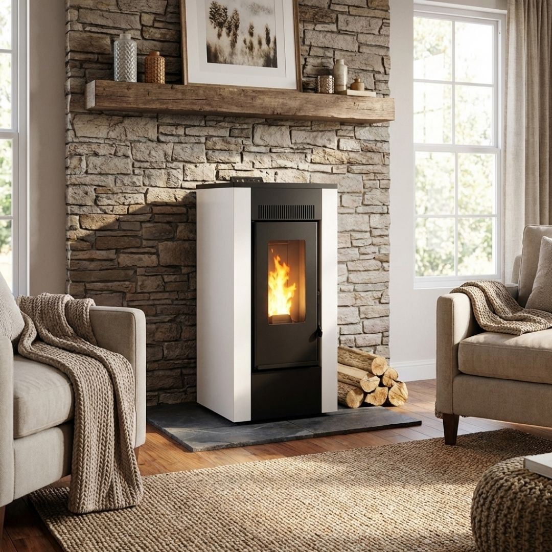 Poêle à pellets étanche Maxifree Linea VZ blanc installé dans un salon chaleureux