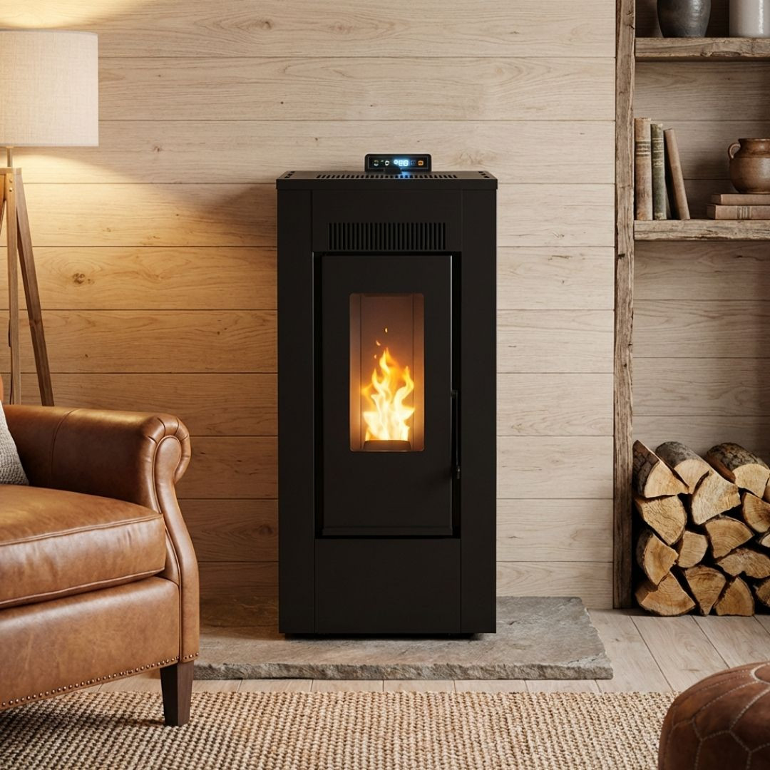 Poêle à pellets étanche Maxifree Linea VZ noir installé près d’un rangement à bûches