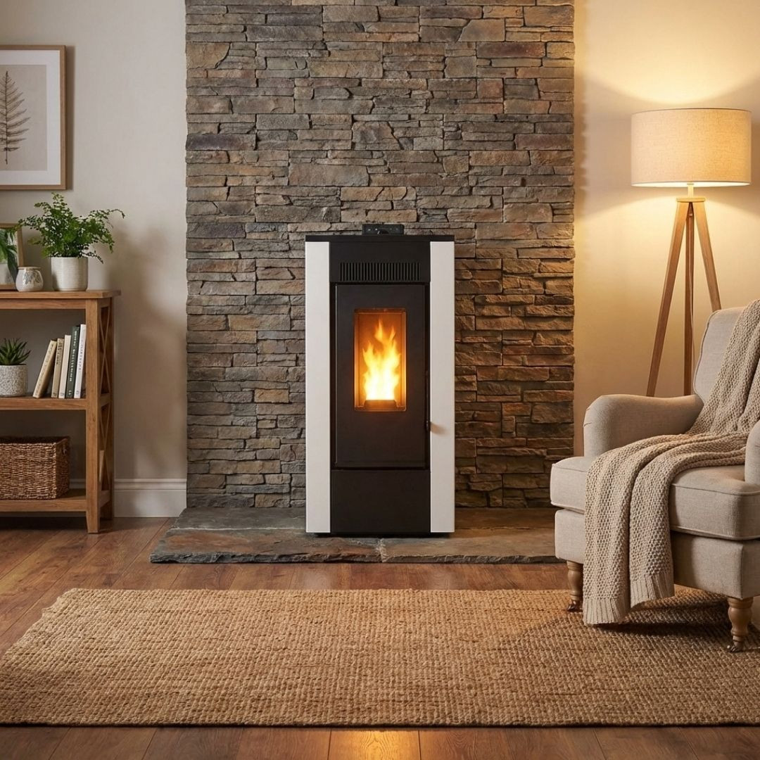 Poêle à pellets étanche Maxifree Linea VZ blanc installé dans un intérieur moderne