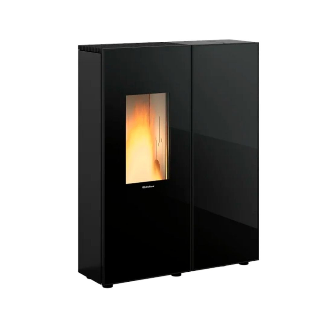 Poêle à granulés canalisable Sharon Plus 10 kW noir sur fond blanc