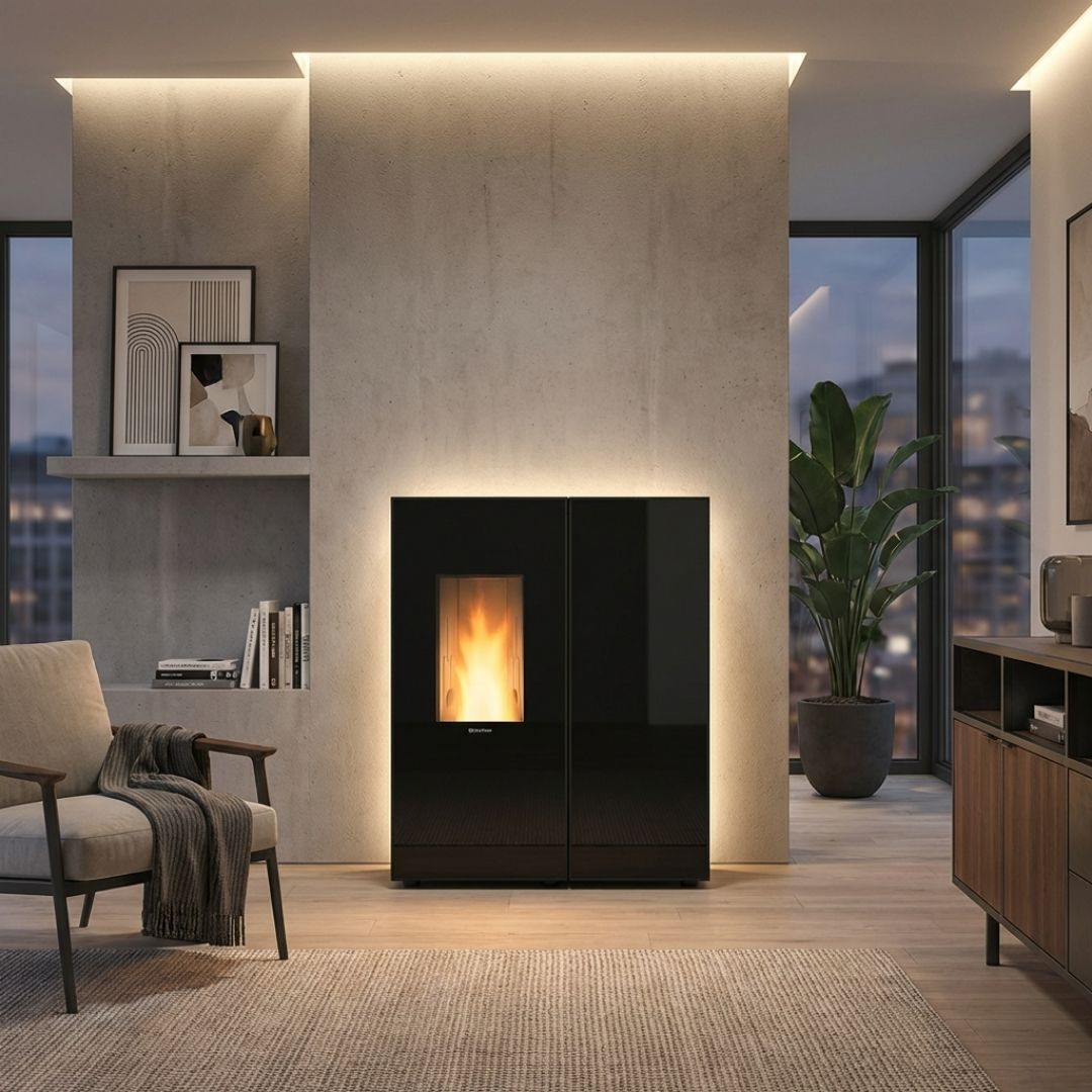 Poêle à granulés gain de place Sharon Plus 10 kW installé dans un salon contemporain