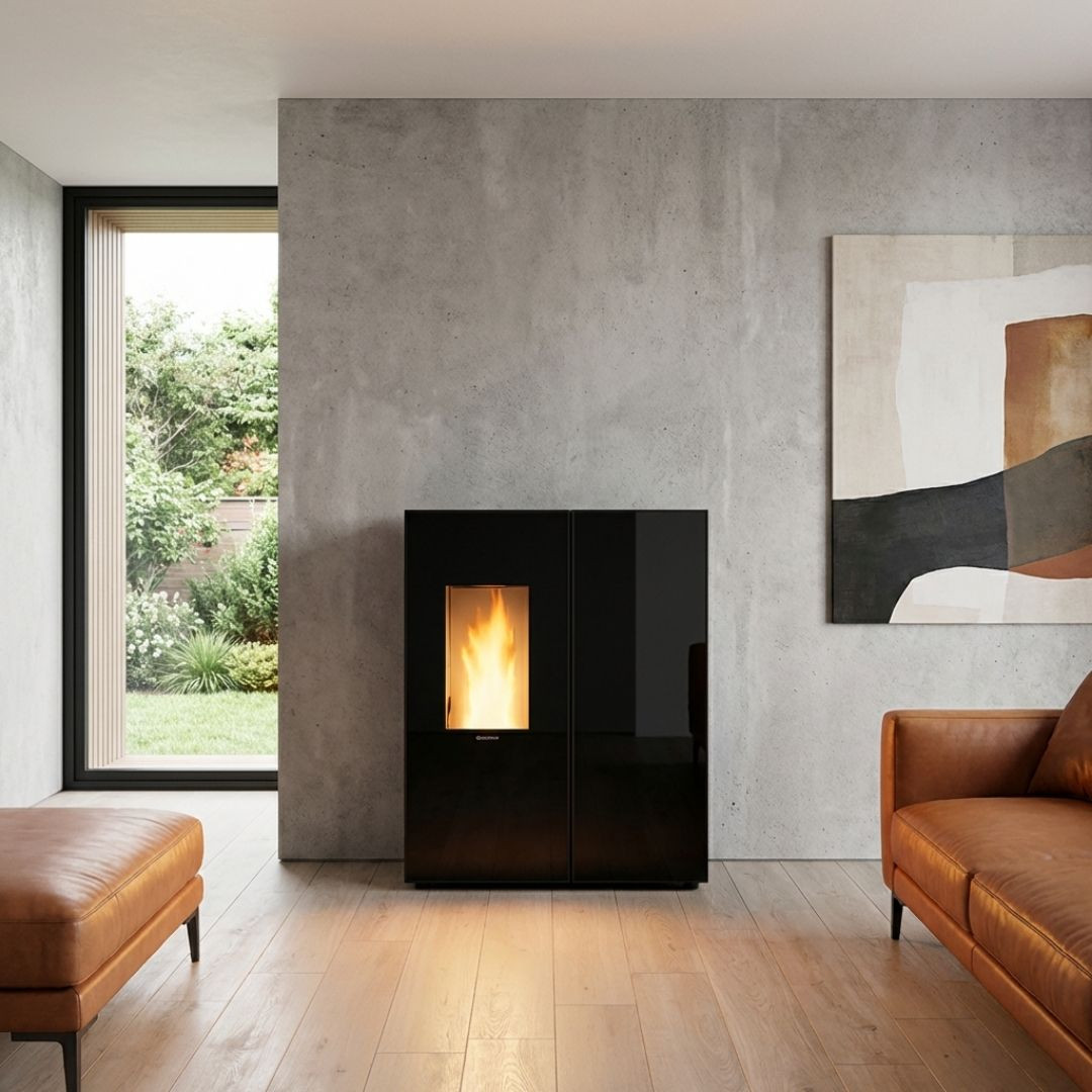 Poêle à granulés compact Sharon Plus 10 kW noir installé dans un séjour lumineux