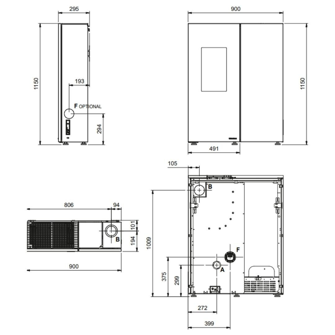 Schéma technique avec dimensions du poêle à granulés extra plat Sharon Plus 10 kW