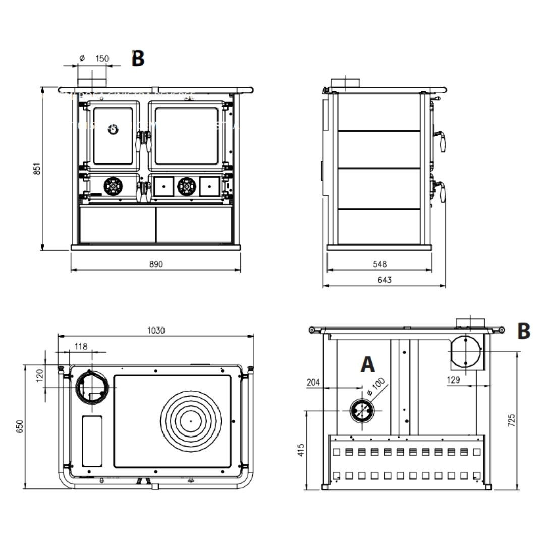 Schéma technique avec dimensions de la cuisinière à bois Rosa Sinistra Reverse 8 kW