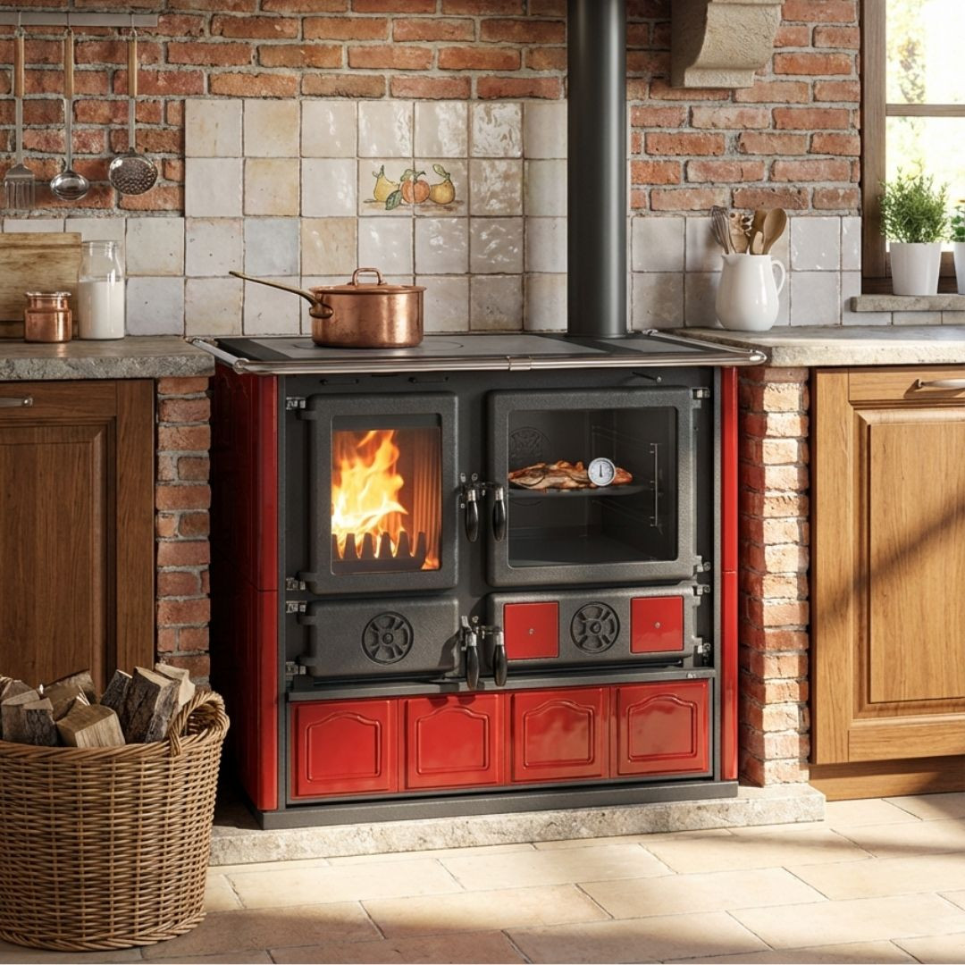 Cuisinière à bois Rosa.16 Maiolica rouge installée dans une cuisine avec mur en briques