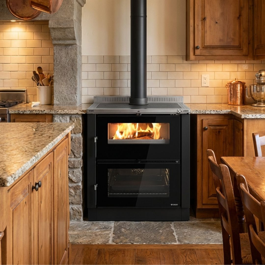 Cuisinière à bois Verona XXL.16 7 kW installée entre meubles de cuisine en bois