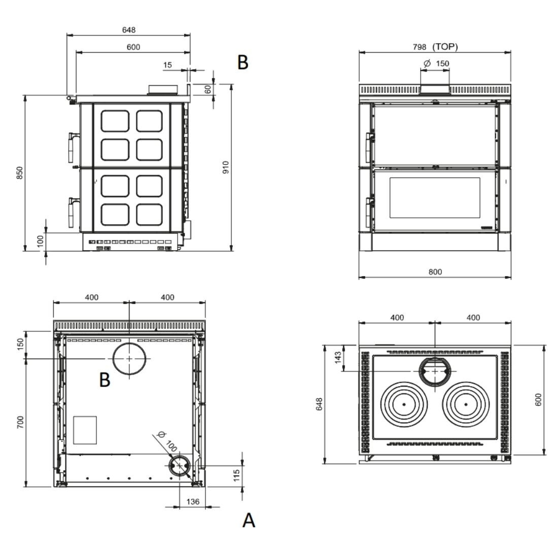 Dimensions cuisinière à bois Verona XXL.16 800 x 850 x 600 mm La Nordica Extraflame
