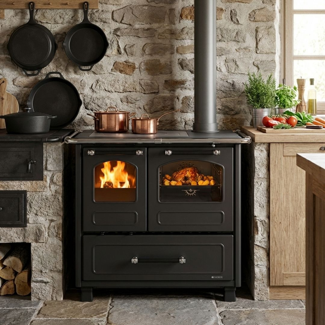 Cuisinière à bois en fonte Family noire installée dans une cuisine de campagne