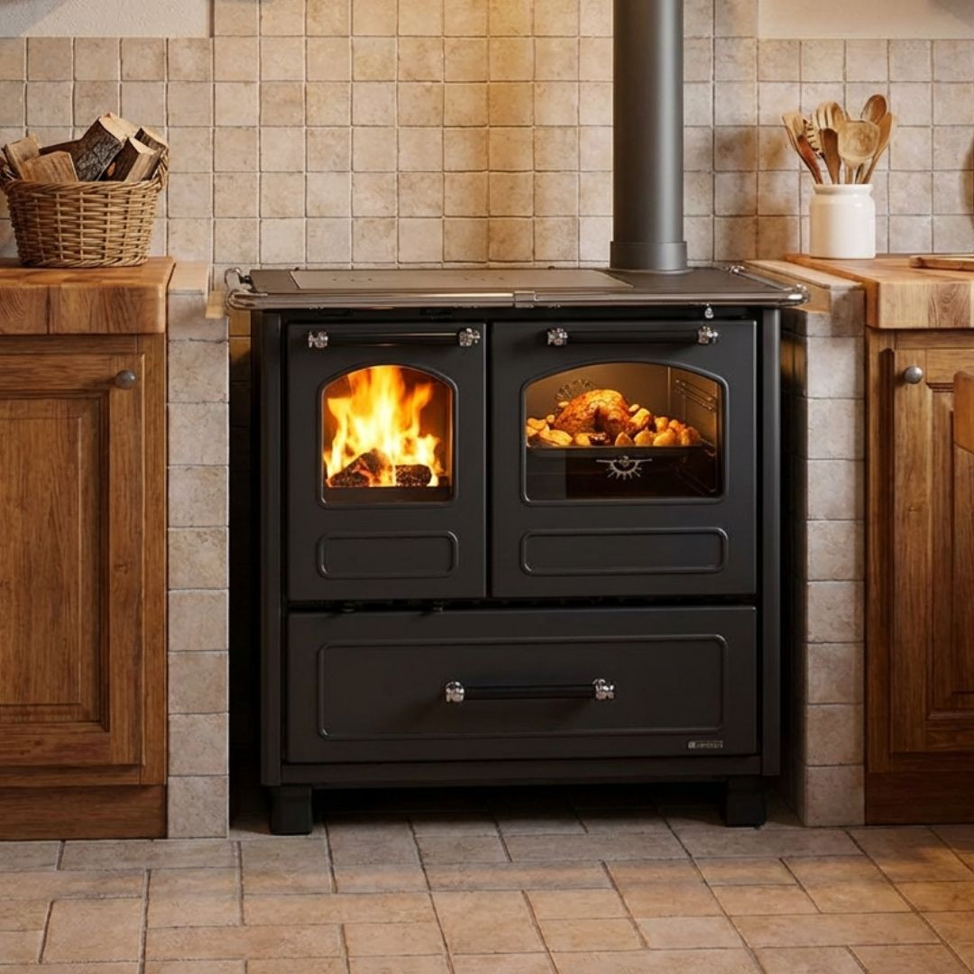 Cuisinière à bois Family noire avec foyer, four et plaque de cuisson