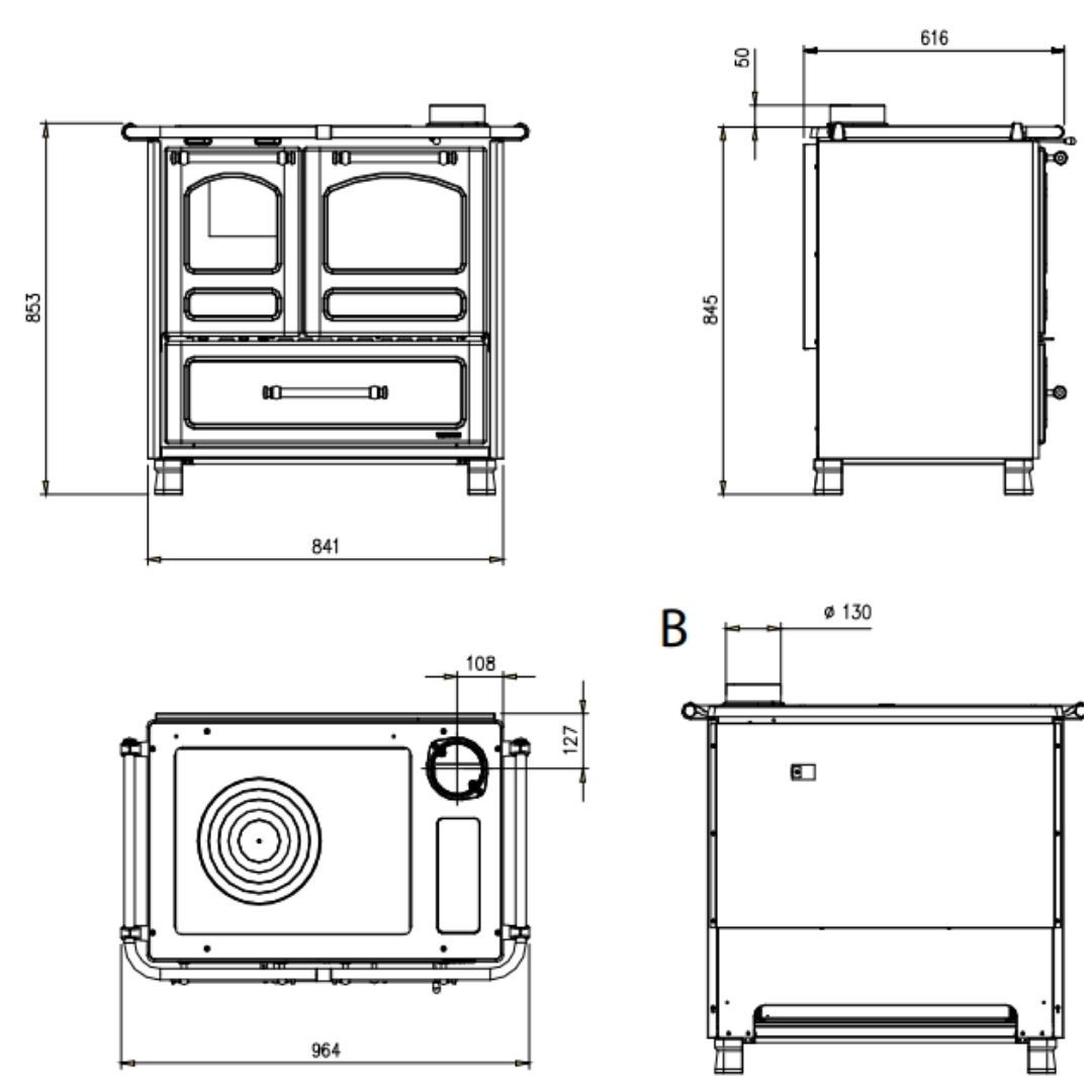 Schéma technique avec dimensions de la cuisinière à bois en fonte Family 7,5 kW