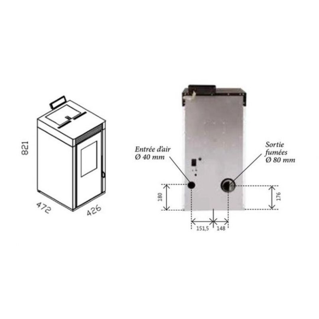 Schéma technique avec dimensions du poêle à granulés étanche Marina 8