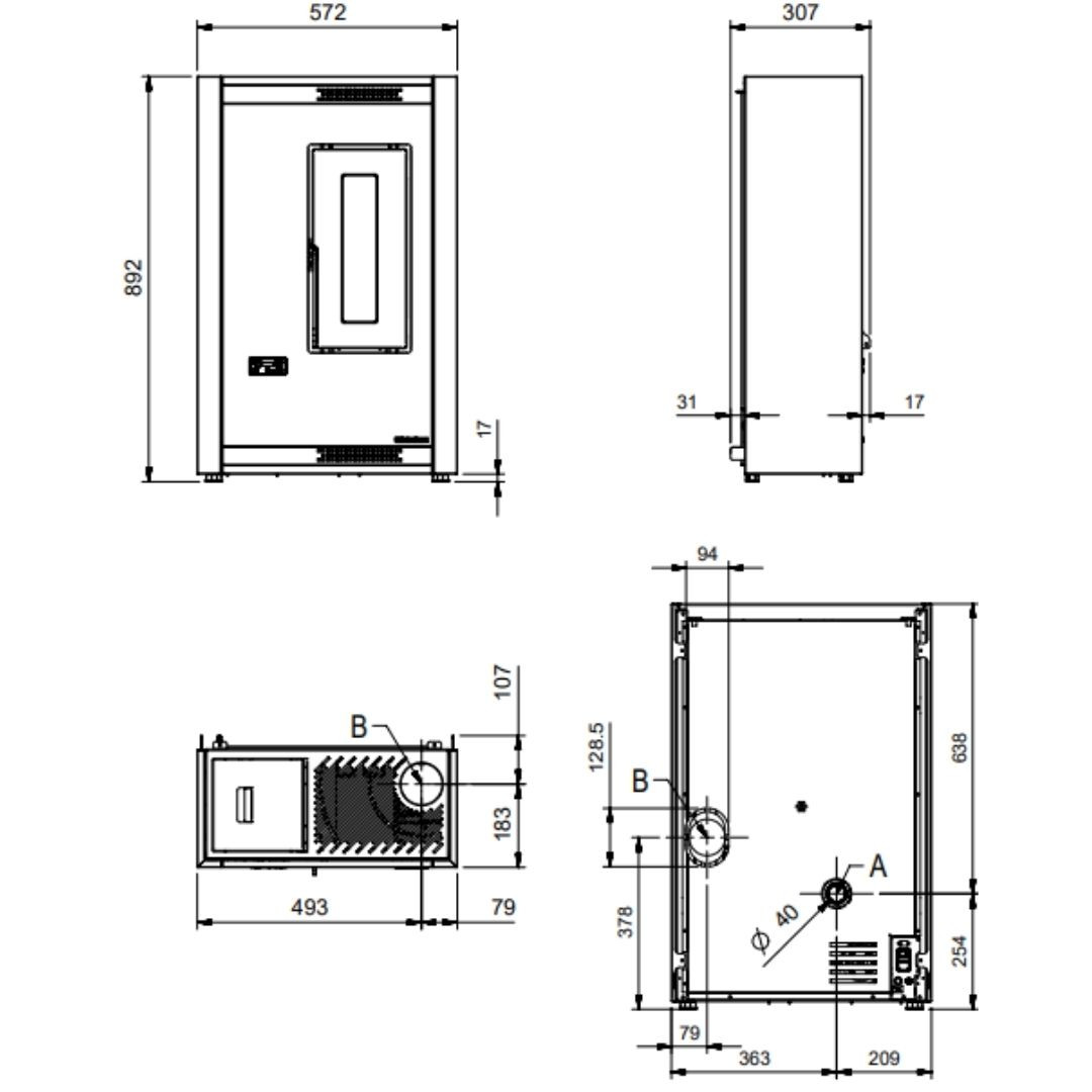 Schéma technique avec dimensions du poêle à granulés extra plat Luisella 5.0