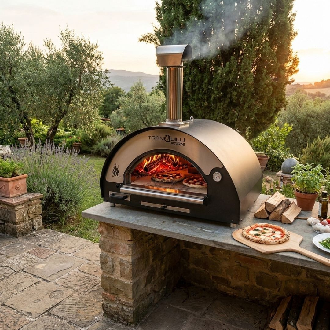 Four à pizza au bois Arde Maxi noir allumé dans une cuisine extérieure