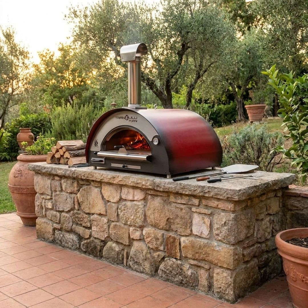 Four à pizza au bois Arde Maxi rouge installé sur un plan de travail en pierre