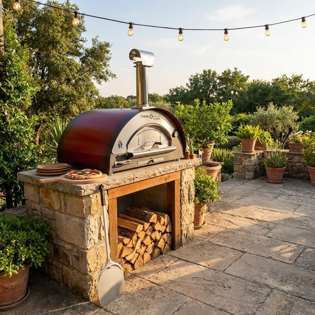 Four à pizza au bois Arde Maxi rouge installé dans un jardin avec rangement à bûches
