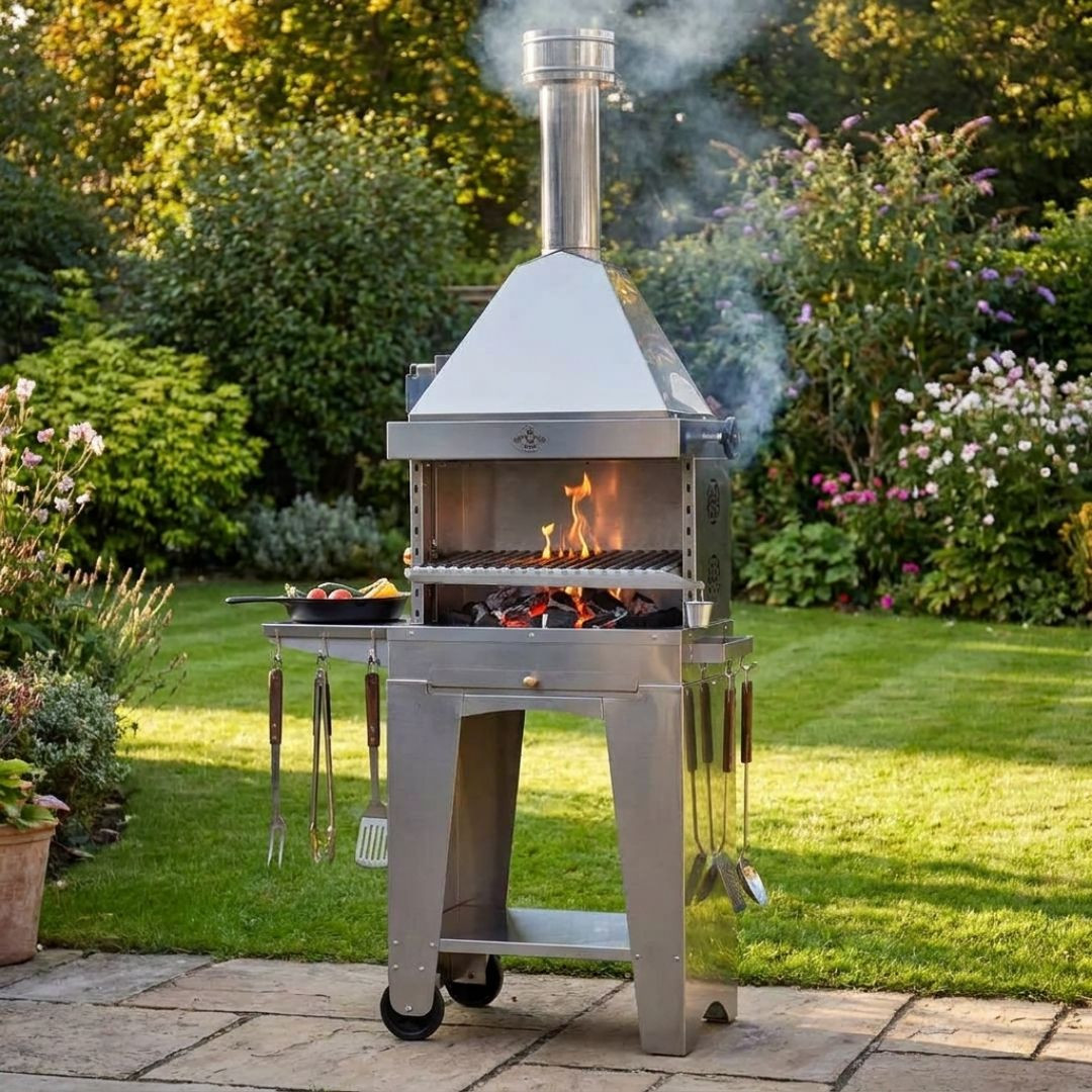 Barbecue au charbon Foxy en inox en fonctionnement dans un jardin, avec flammes visibles dans le foyer