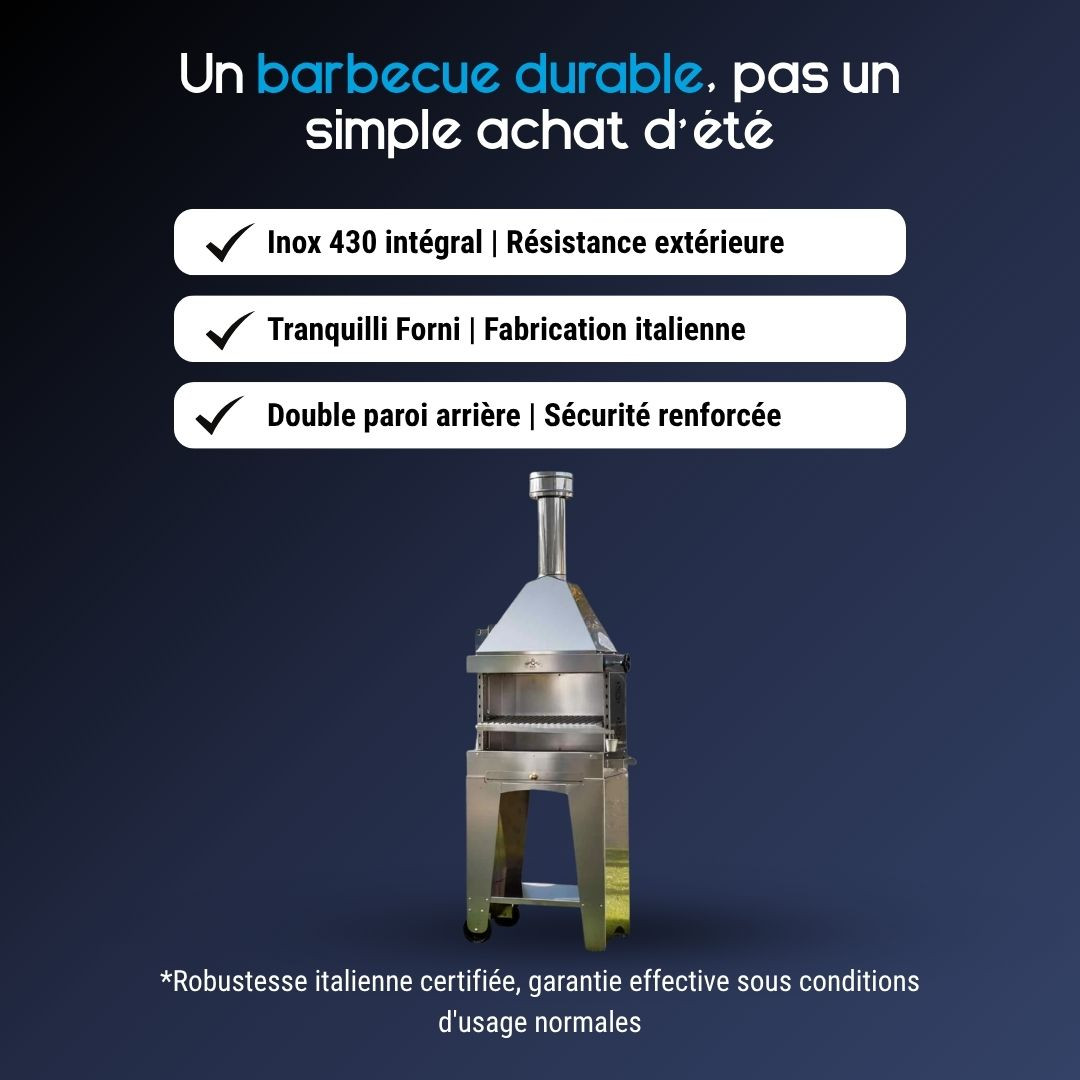 Présentation des caractéristiques du barbecue Foxy en inox 430 avec double paroi et sécurité renforcée