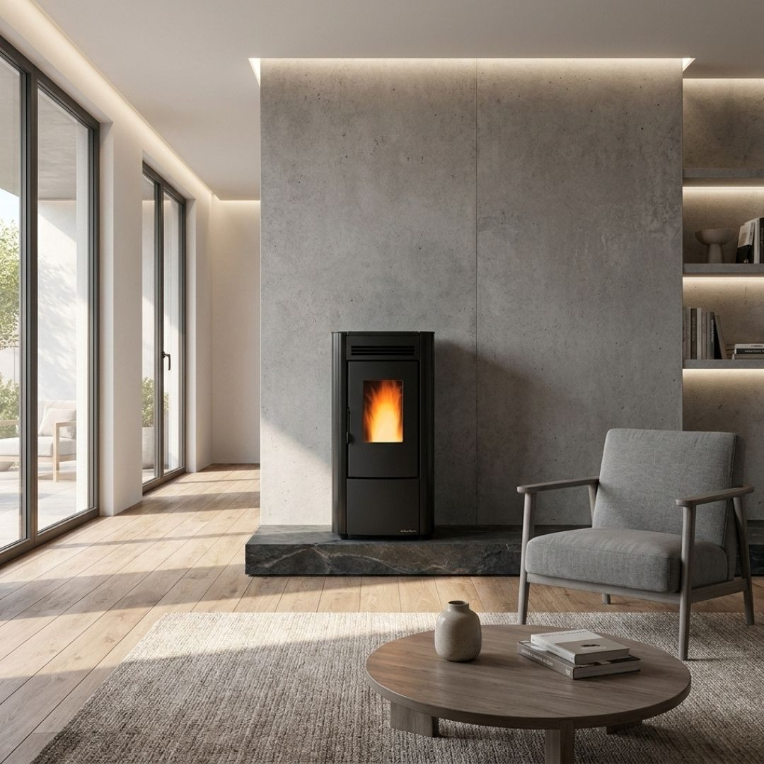 Poêle à granulés KETTY 5.0 noir installé dans intérieur design moderne