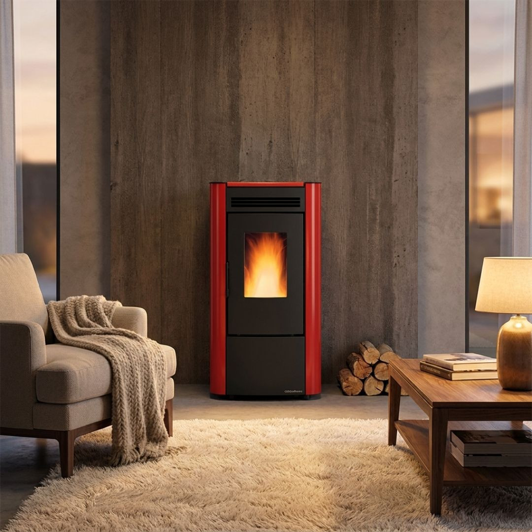 Poêle à granulés KETTY 5.0 bordeaux dans salon avec bois de chauffage