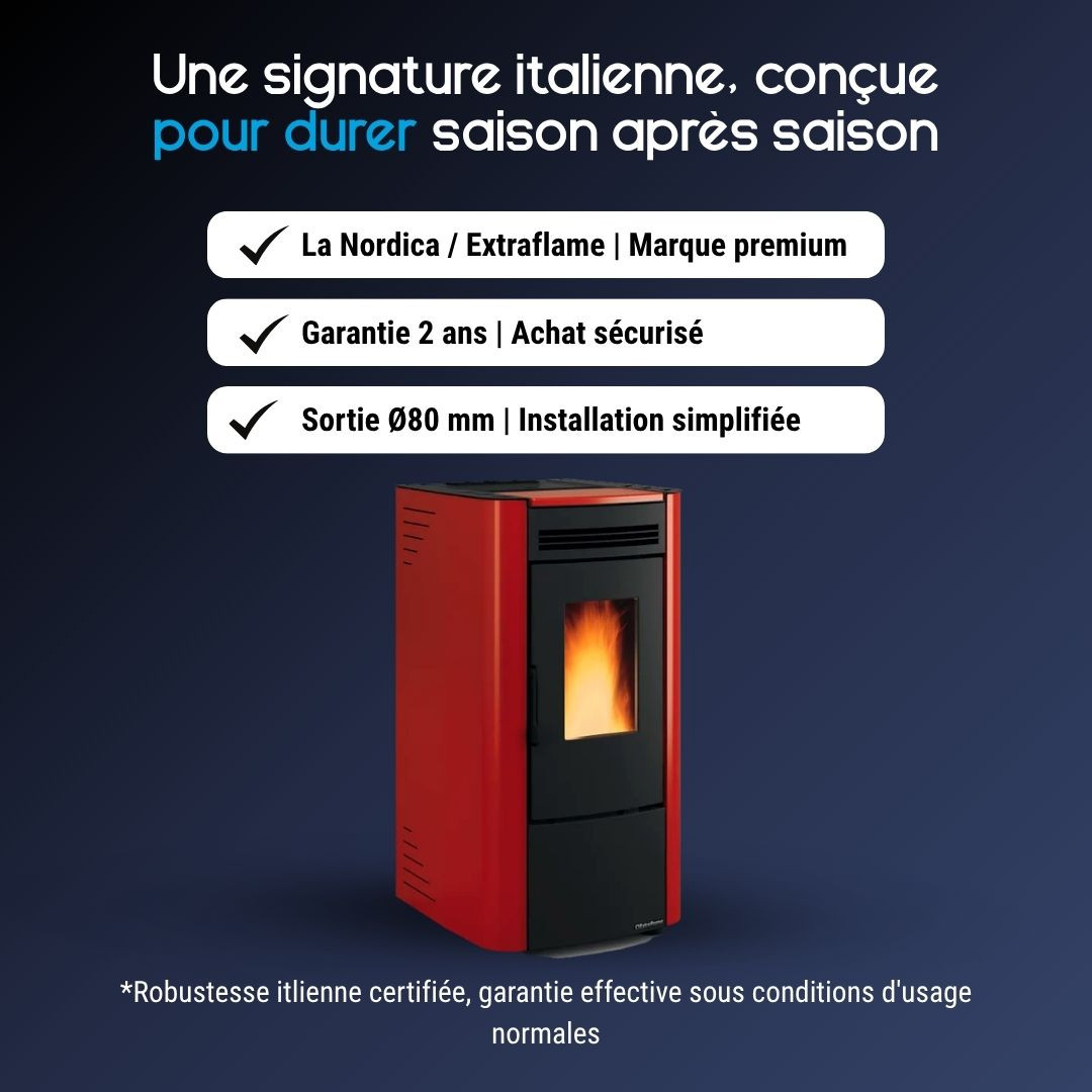 Poêle à granulés KETTY 5.0 bordeaux conçu pour durer après saison
