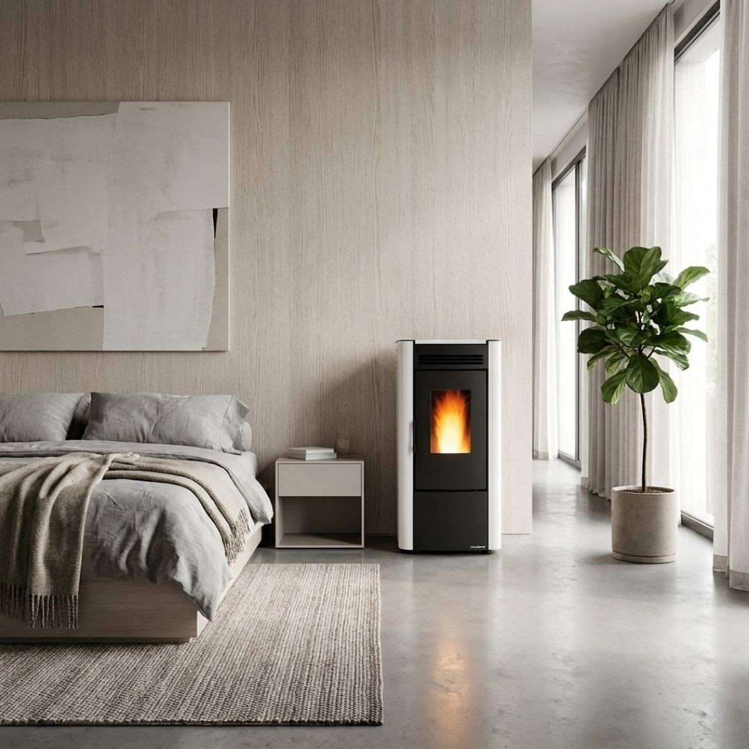 Poêle à granulés KETTY 5.0 noir compact dans chambre moderne