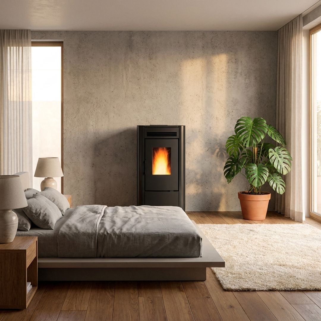 Poêle à granulés ventilé KETTY 5.0 noir dans pièce de vie lumineuse