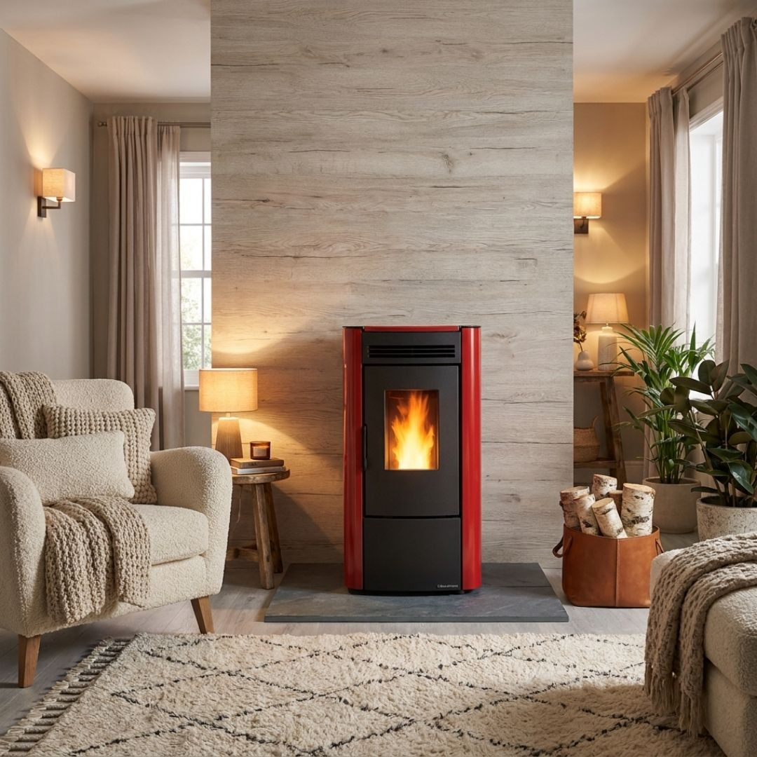 Poêle à granulés KETTY 5.0 bordeaux installé dans salon cosy