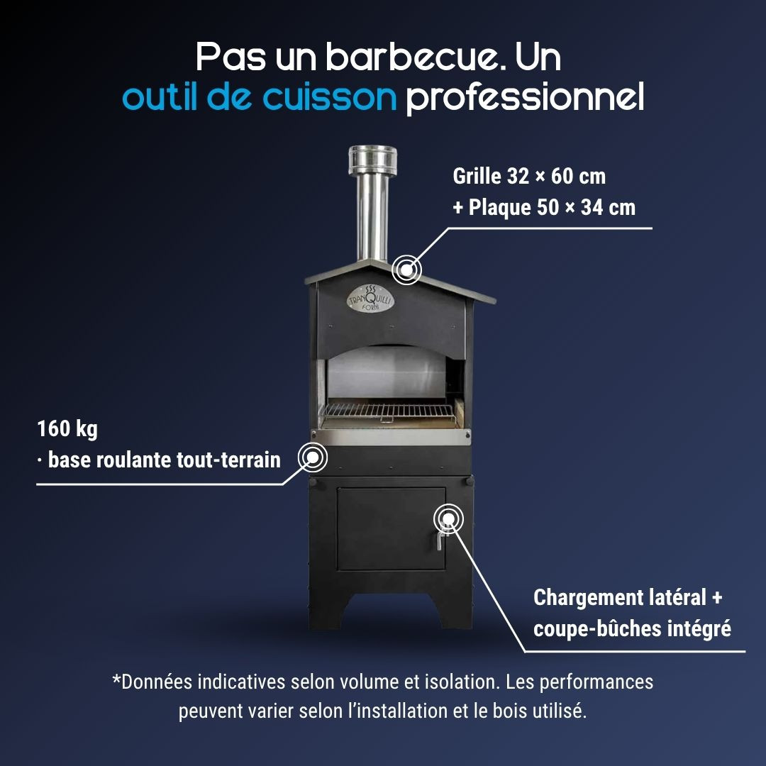 Présentation du barbecue à bois professionnel avec grille réglable, plaque de cuisson et base roulante