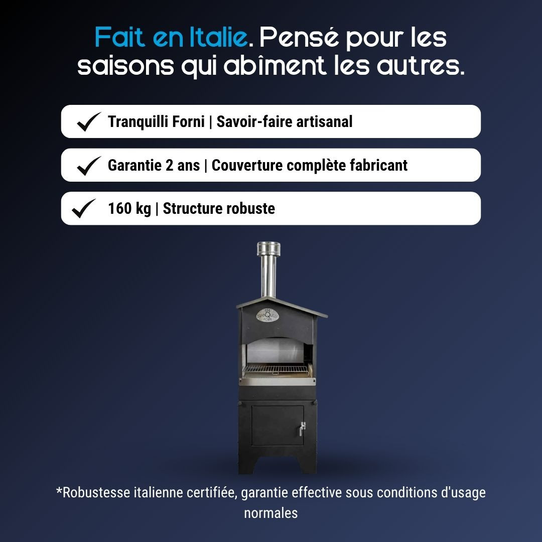 Barbecue à bois fabriqué en Italie avec structure robuste de 160 kg et garantie 2 ans