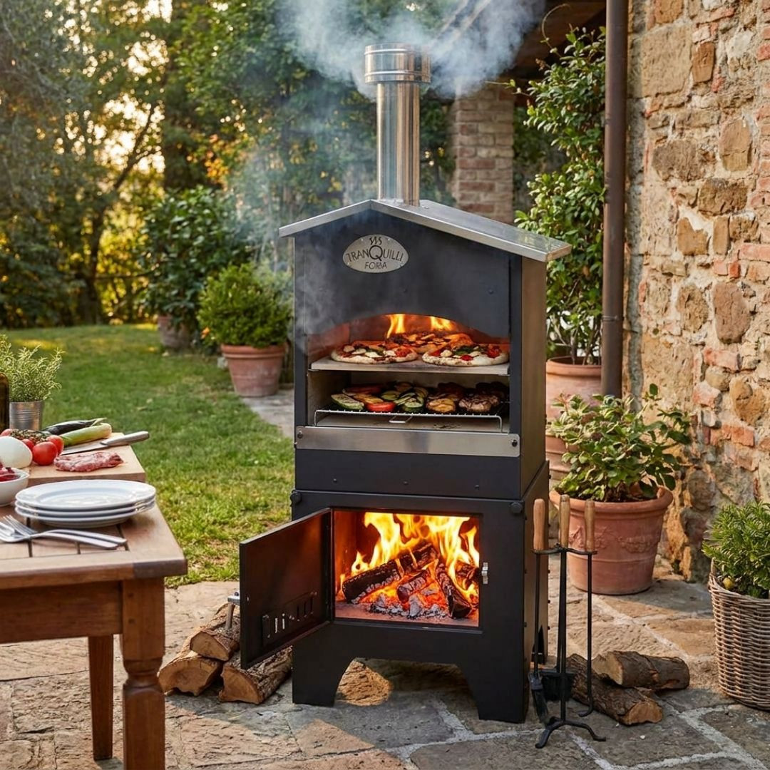 Barbecue à bois d’extérieur avec base roulante, foyer allumé et grille de cuisson installée