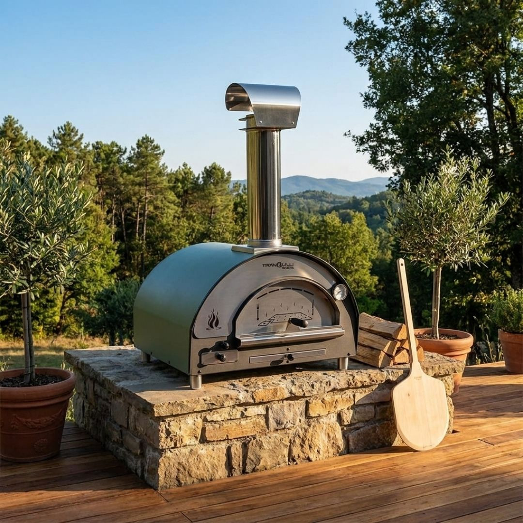 Four à pizza bois Arde Baby vert installé sur une terrasse