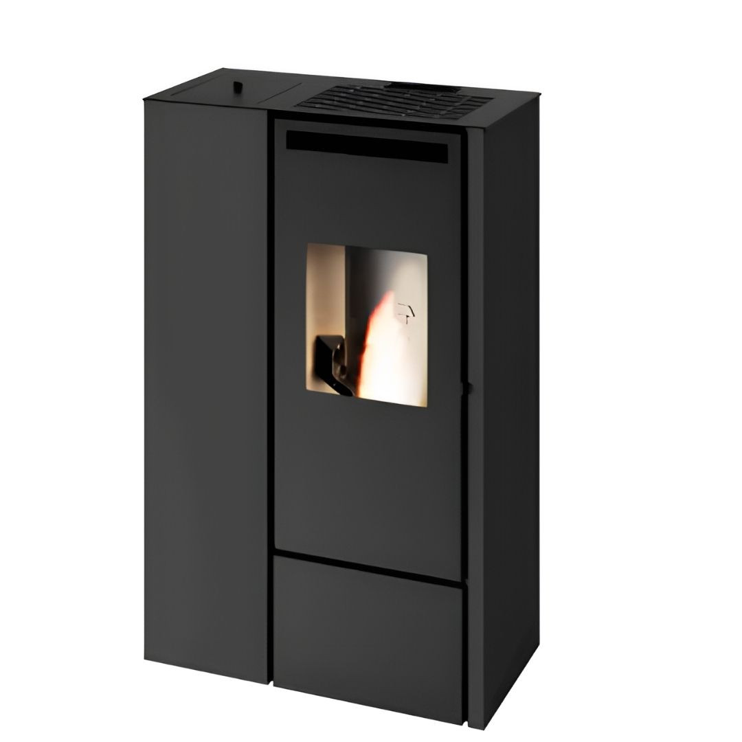 Poêle à granulés extra plat canalisable Eva Calor Pia 11 kW noir sur fond blanc