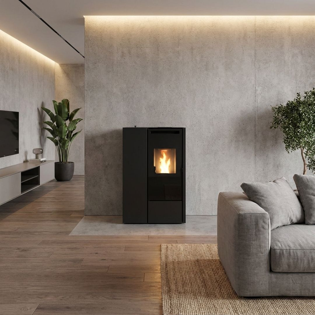 Poêle à granulés extra plat canalisable Eva Calor Pia noir installé dans un salon contemporain