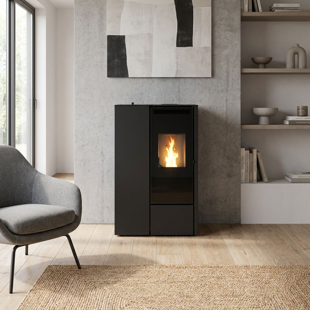 Poêle à granulés extra plat canalisable Eva Calor Pia noir installé dans une pièce de vie moderne