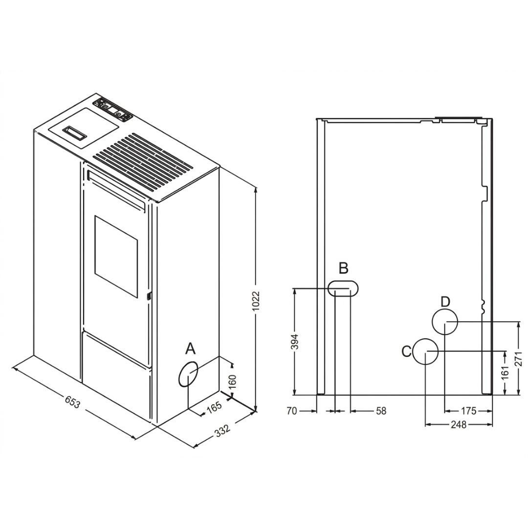 Schéma technique avec dimensions du poêle à granulés extra plat canalisable Eva Calor Pia 11 kW