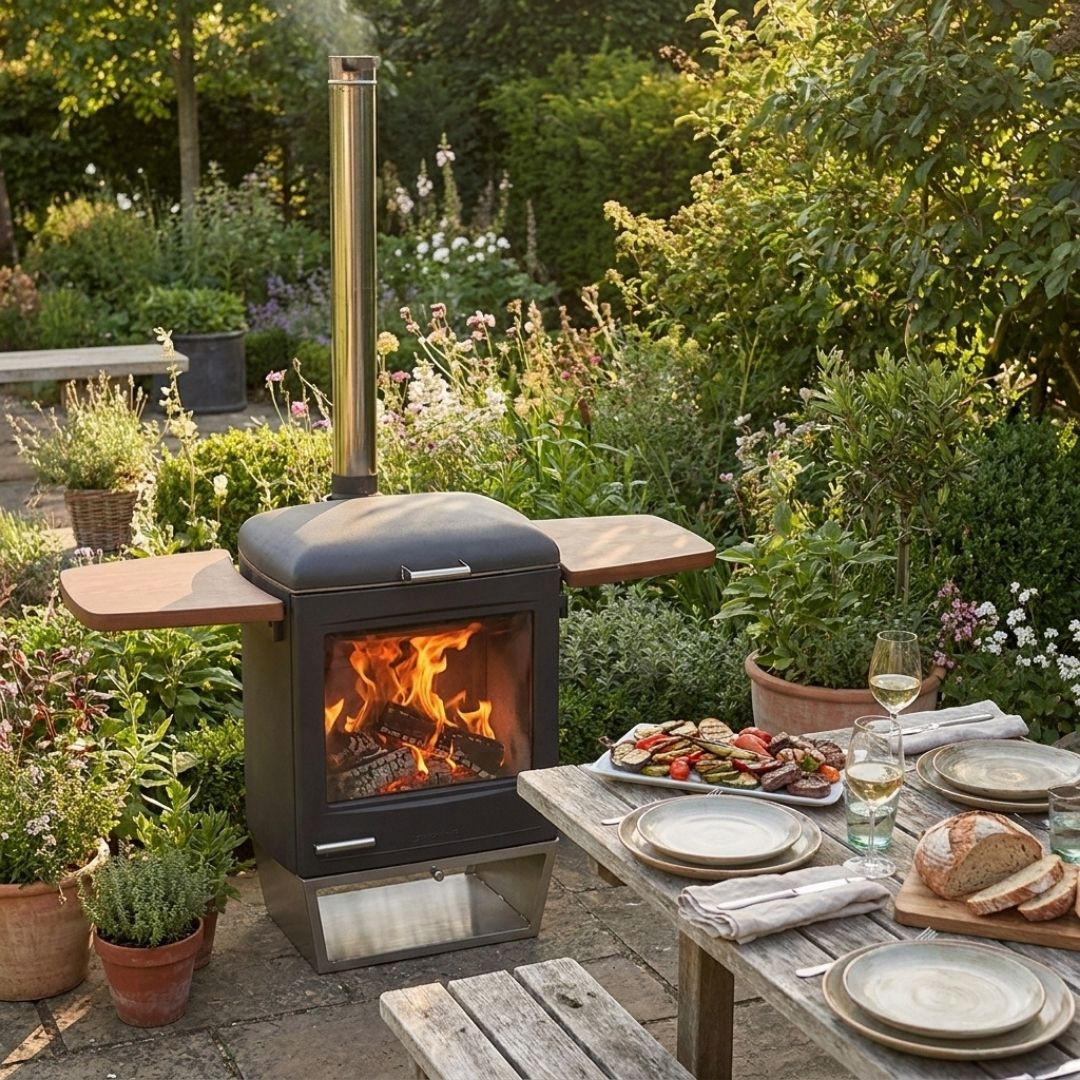 Barbecue à bois Hestia 600 Heat & Grill installé dans un jardin avec foyer allumé et table dressée à proximité