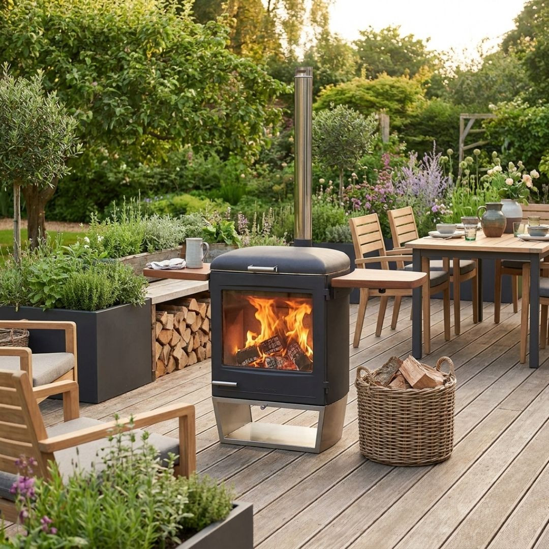 Barbecue à bois Hestia 600 Heat & Grill avec foyer allumé installé sur une terrasse extérieure aménagée