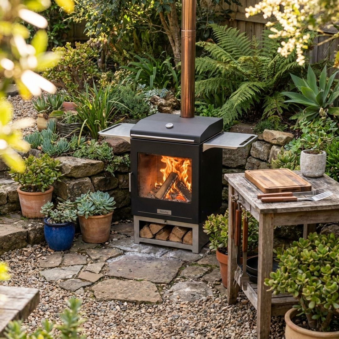 Barbecue à bois Hestia 300 Heat & Grill installé sur une terrasse de jardin avec foyer allumé
