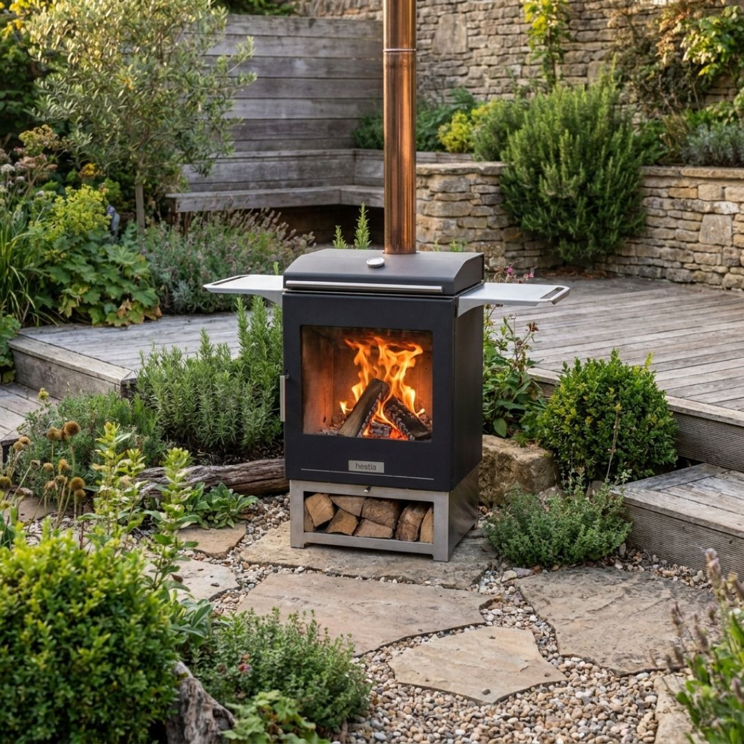Barbecue à bois Hestia 300 Heat & Grill avec foyer vitré allumé, installé près d’un muret dans un jardin